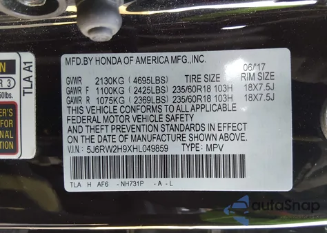 2017 Honda Cr-V Touring from USA, damaged, VIN 5J6RW2H9XHL049859